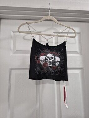 Romwe Brand New With Tags Large Black Skull & Roses Chain-Strap Crop Top